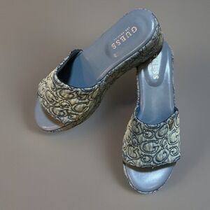 Guess Denim‎ Logo Slides Wedge Sandals Platform Blue Women's Size 7M